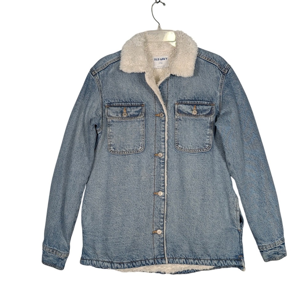 Old Navy Womens's S Tall Denim Jacket Sherpa Lined Jean Button Up Blue